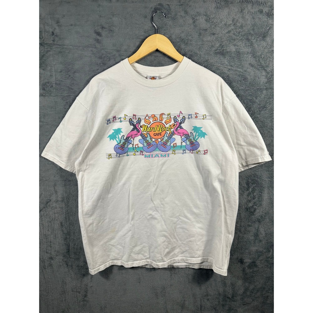 Vintage Hard Rock Cafe Miami T Shirt XL White Heavy Tee Flamingo Guitar Graphic